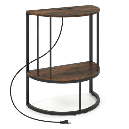 2-Tier Half Moon Console Table with Power Outlets, Brown