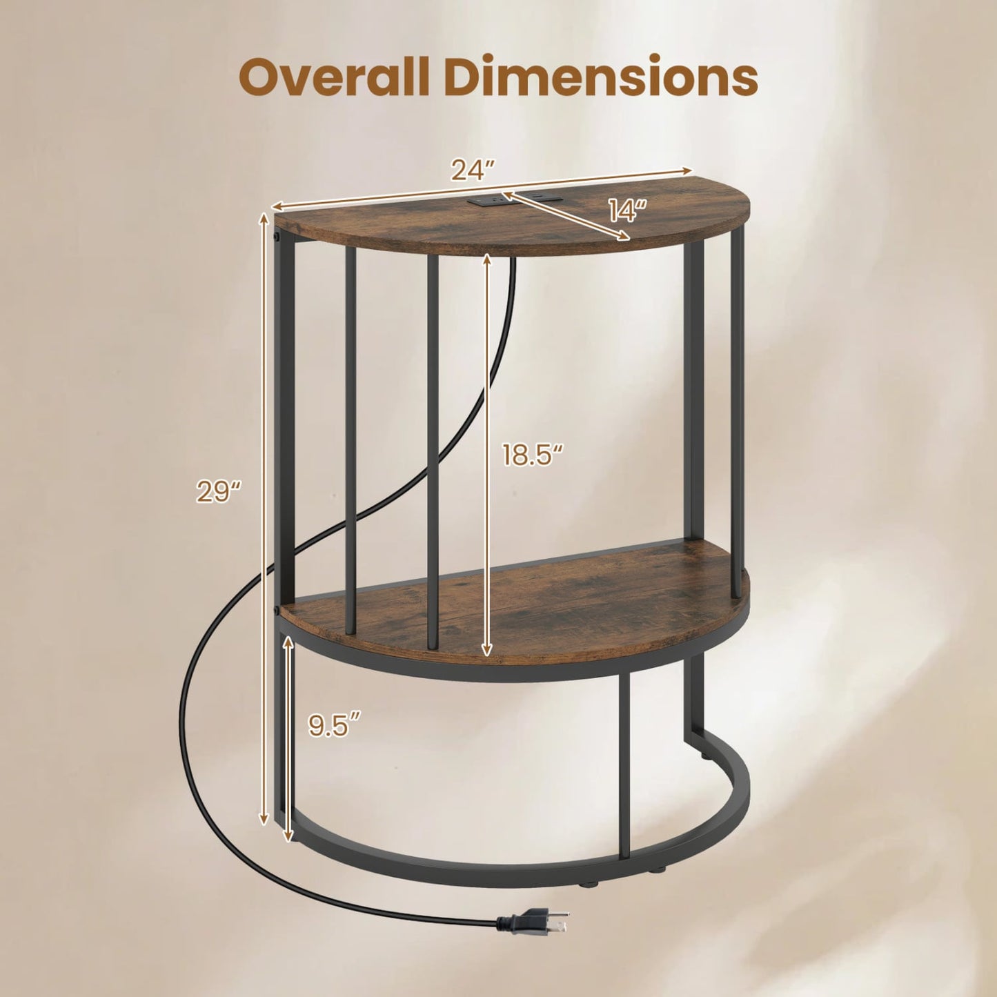 2-Tier Half Moon Console Table with Power Outlets, Brown