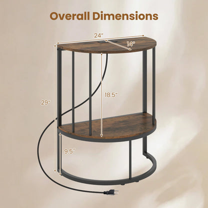 2-Tier Half Moon Console Table with Power Outlets, Brown