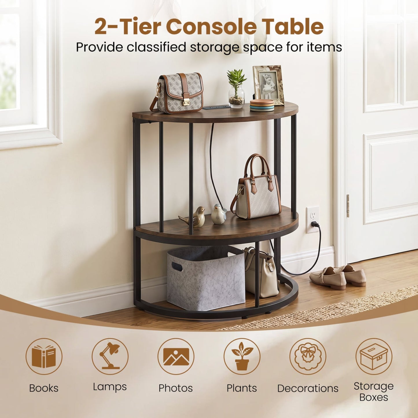 2-Tier Half Moon Console Table with Power Outlets, Brown
