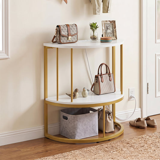 2-Tier Half Moon Console Table with Power Outlets, White Console Tables White at Gallery Canada