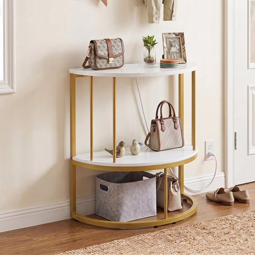 2-Tier Half Moon Console Table with Power Outlets, White