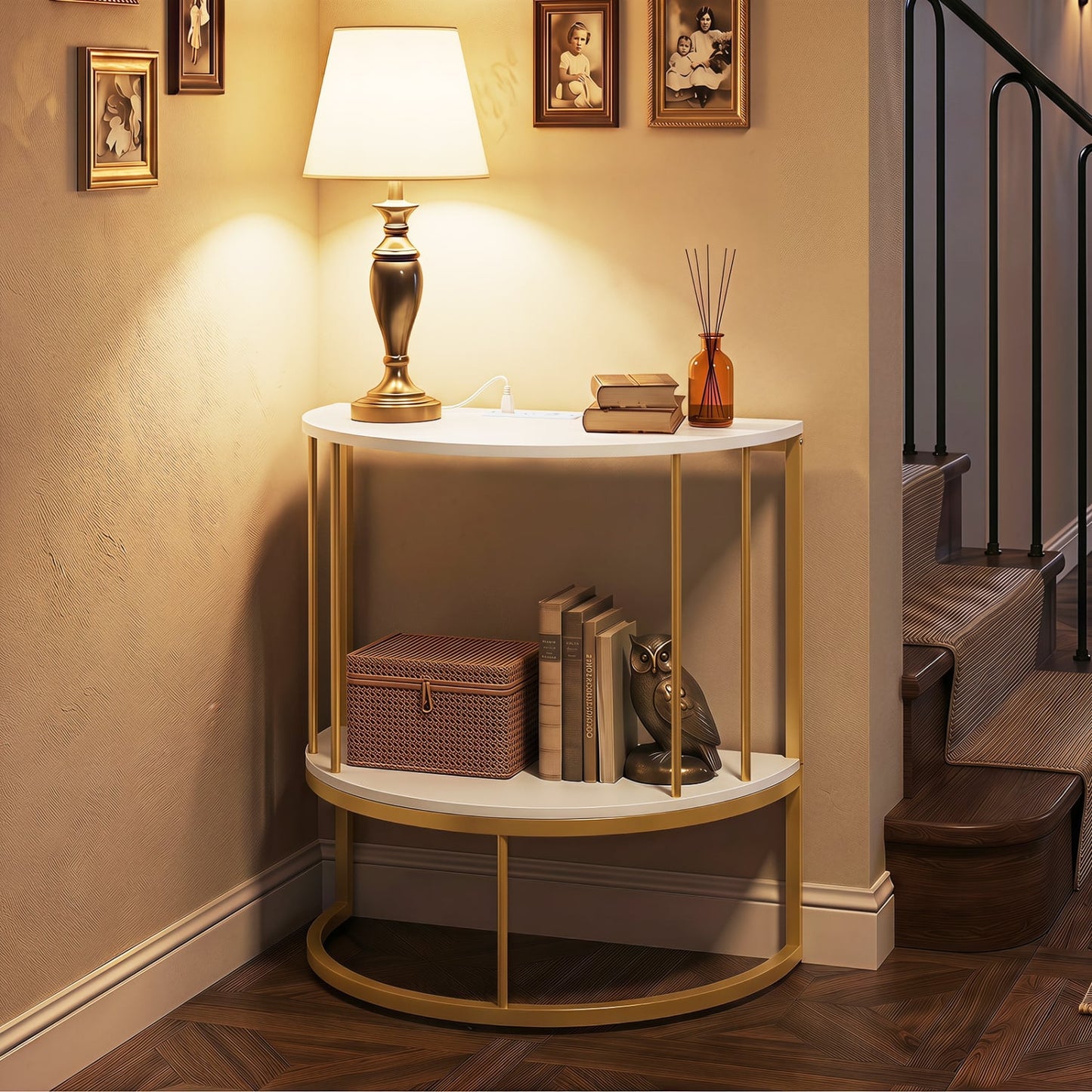2-Tier Half Moon Console Table with Power Outlets, White