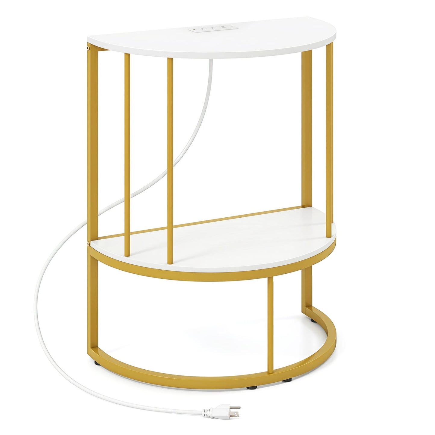 2-Tier Half Moon Console Table with Power Outlets, White