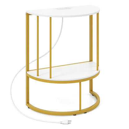 2-Tier Half Moon Console Table with Power Outlets, White