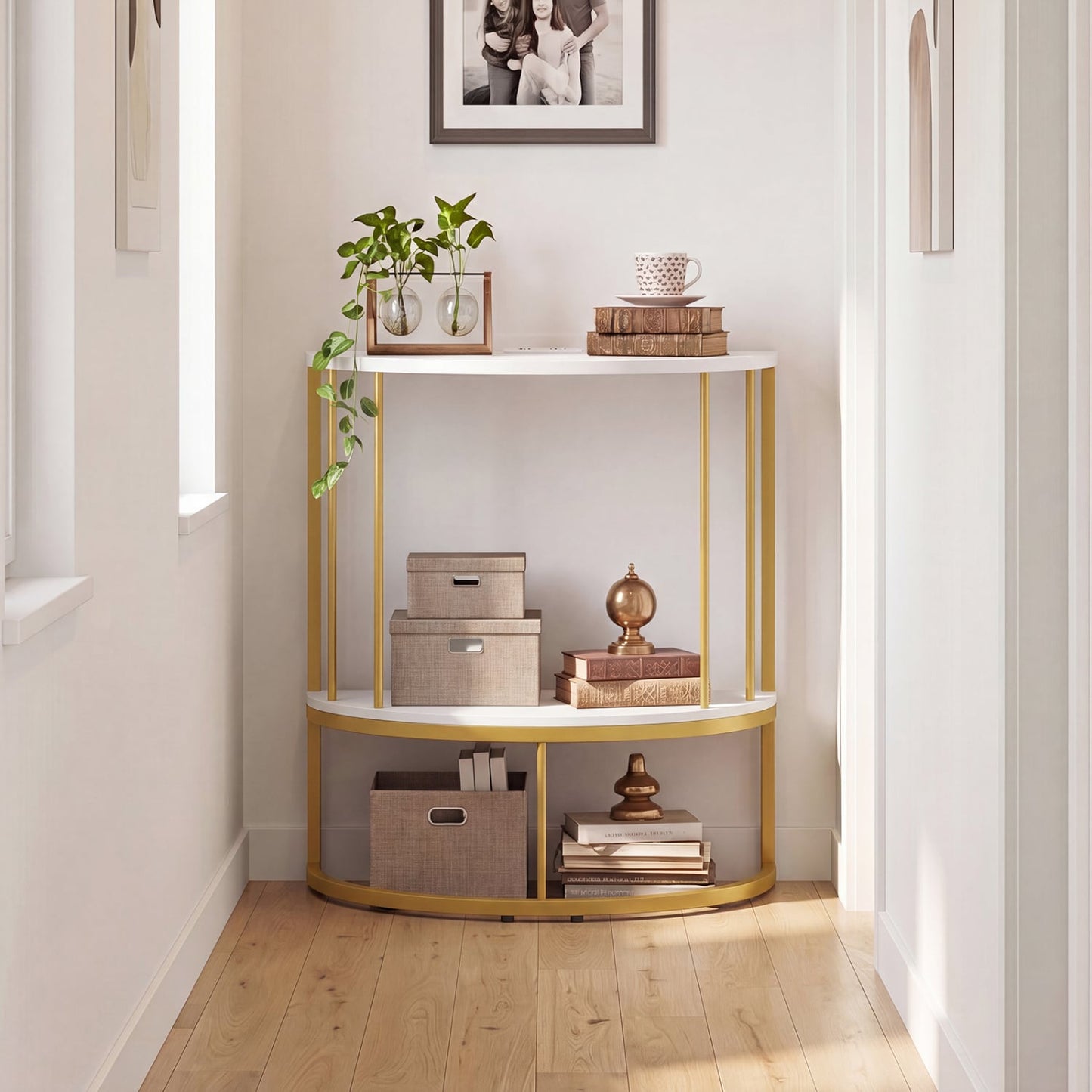 2-Tier Half Moon Console Table with Power Outlets, White