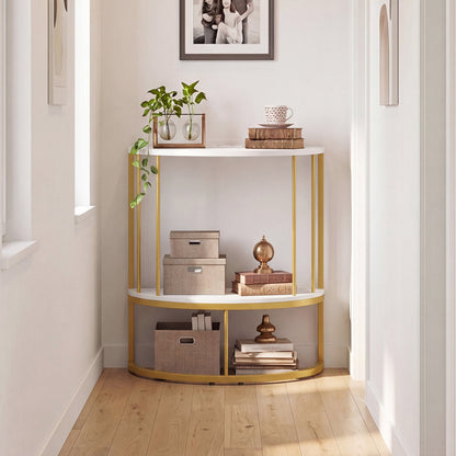 2-Tier Half Moon Console Table with Power Outlets, White