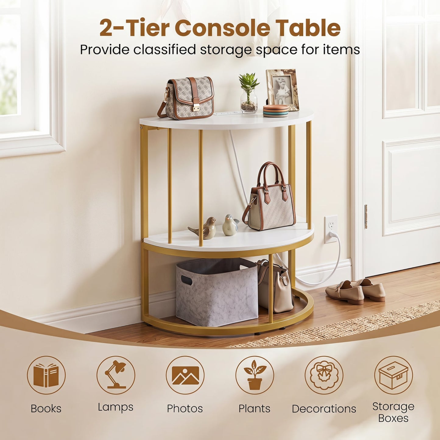 2-Tier Half Moon Console Table with Power Outlets, White