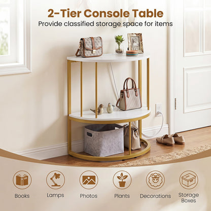 2-Tier Half Moon Console Table with Power Outlets, White