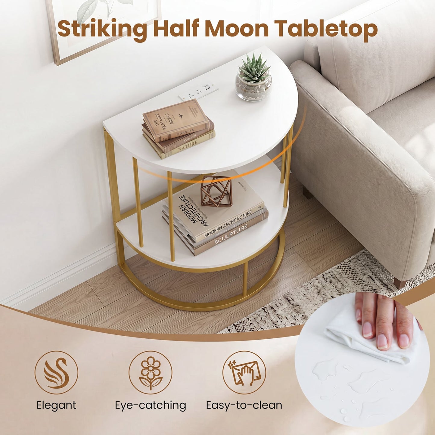 2-Tier Half Moon Console Table with Power Outlets, White