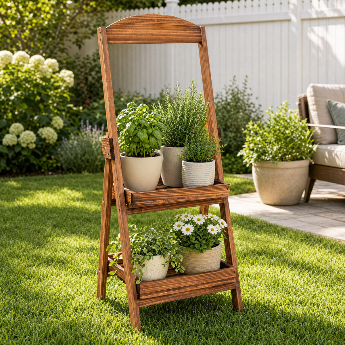 2-Tier Ladder Shelf Fir Wood Frame, Rustic Brown