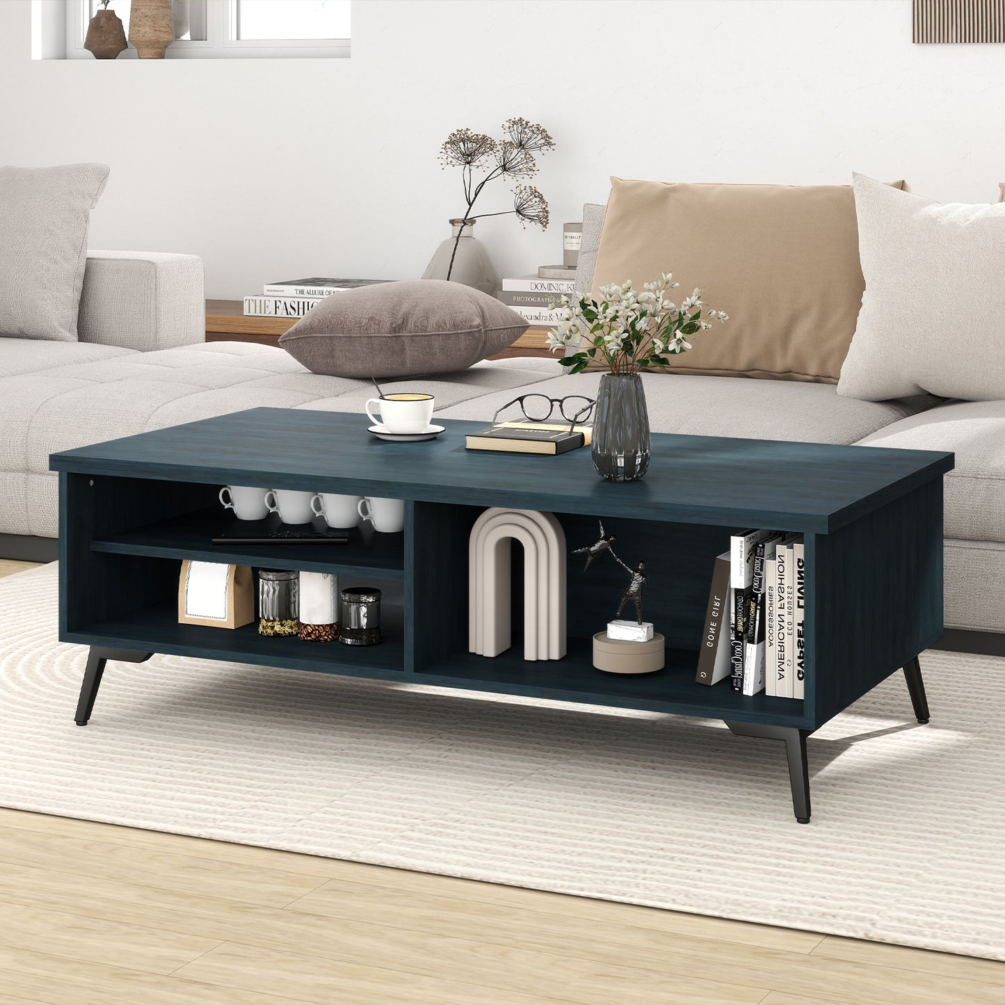 2-Tier Mid Century Modern Coffee Table with Storage Shelves Compartments, Blue Coffee Tables at Gallery Canada