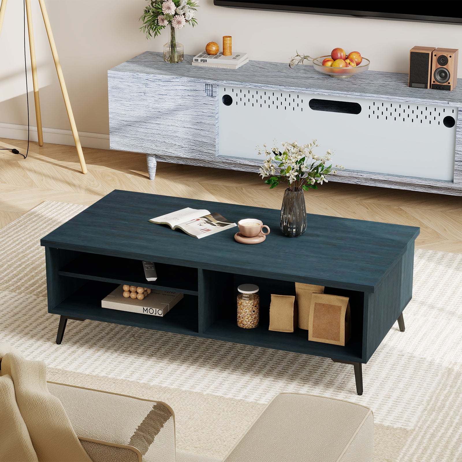2-Tier Mid Century Modern Coffee Table with Storage Shelves Compartments, Blue Coffee Tables at Gallery Canada