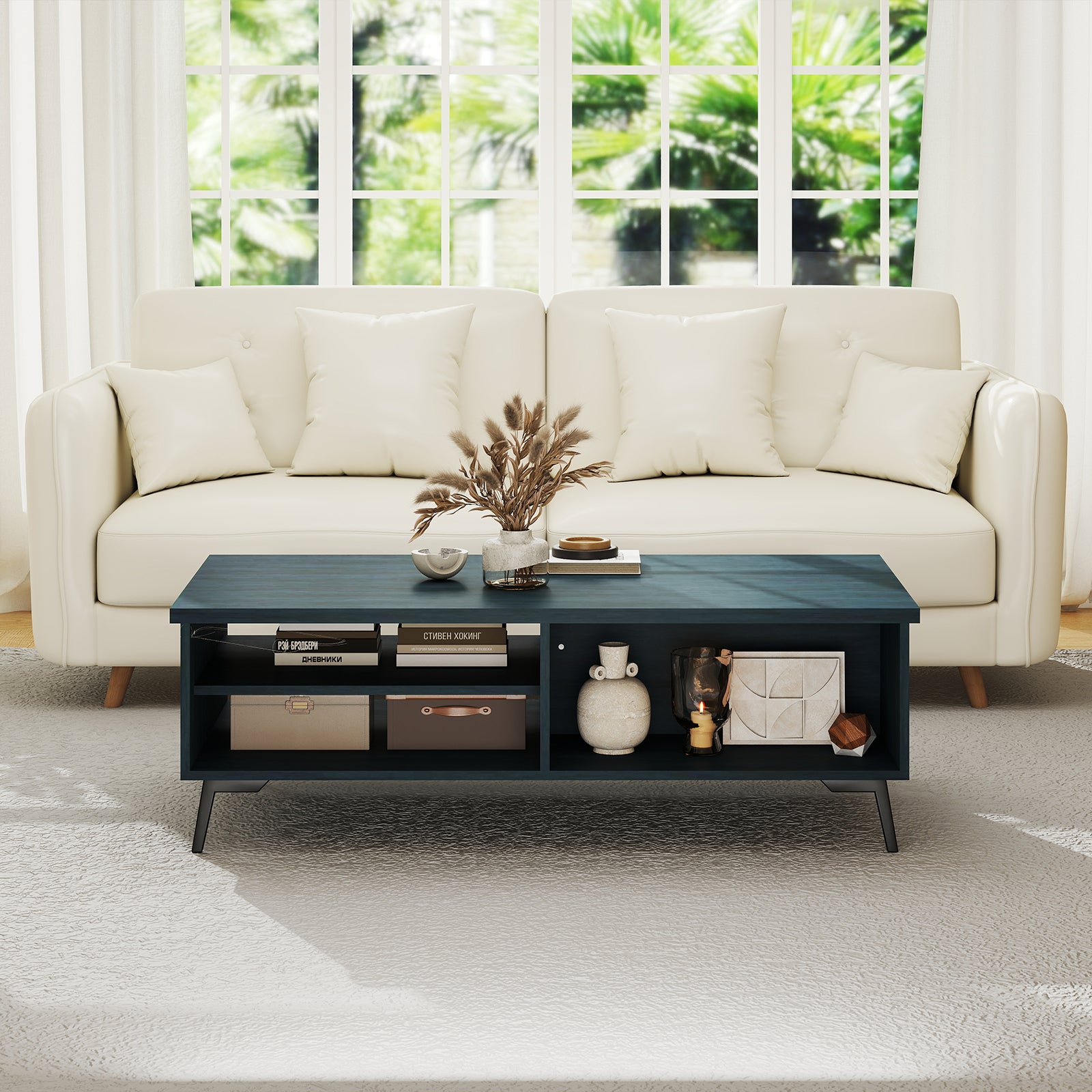 2-Tier Mid Century Modern Coffee Table with Storage Shelves Compartments, Blue Coffee Tables at Gallery Canada