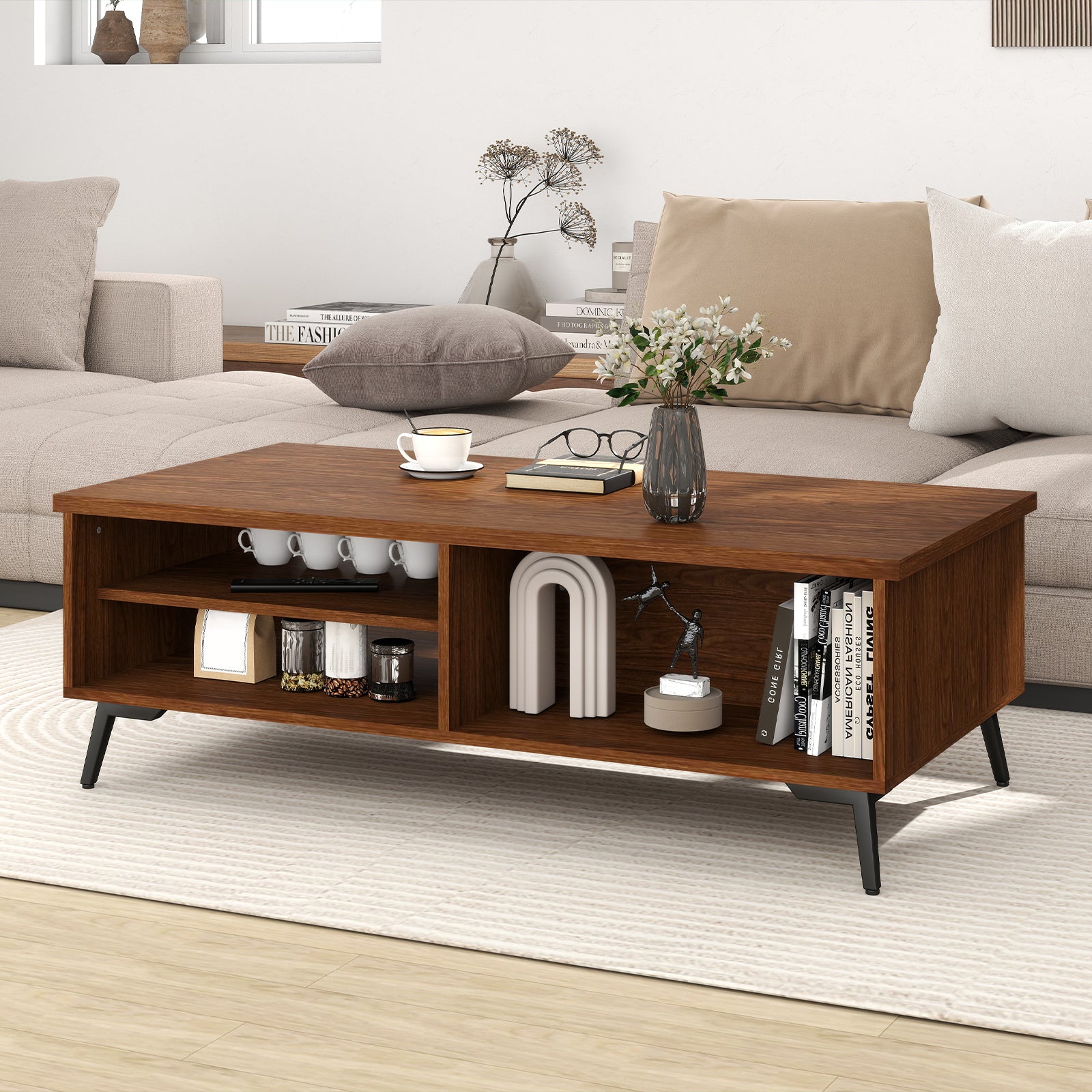2-Tier Mid Century Modern Coffee Table with Storage Shelves Compartments, Walnut Coffee Tables at Gallery Canada