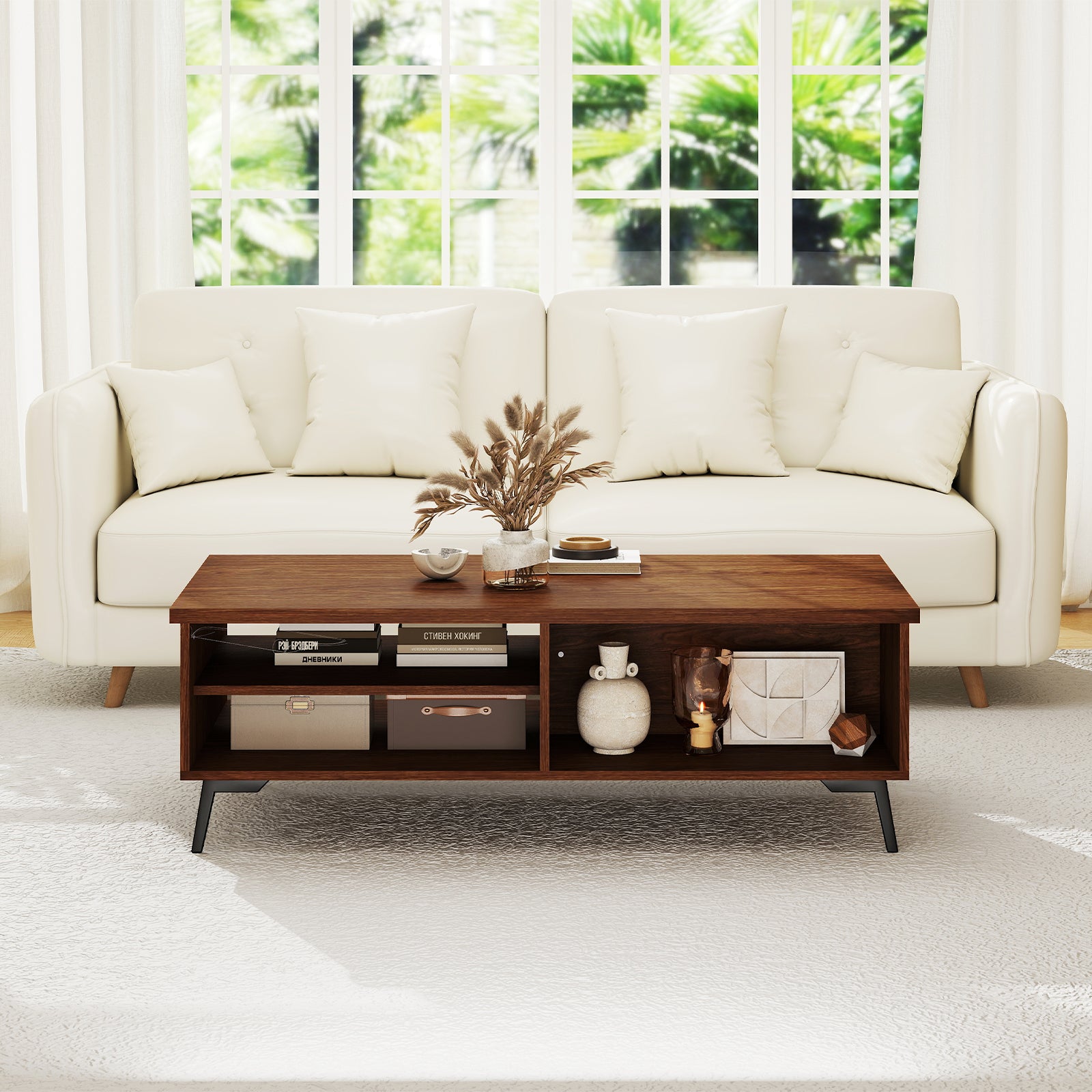 2-Tier Mid Century Modern Coffee Table with Storage Shelves Compartments, Walnut Coffee Tables at Gallery Canada