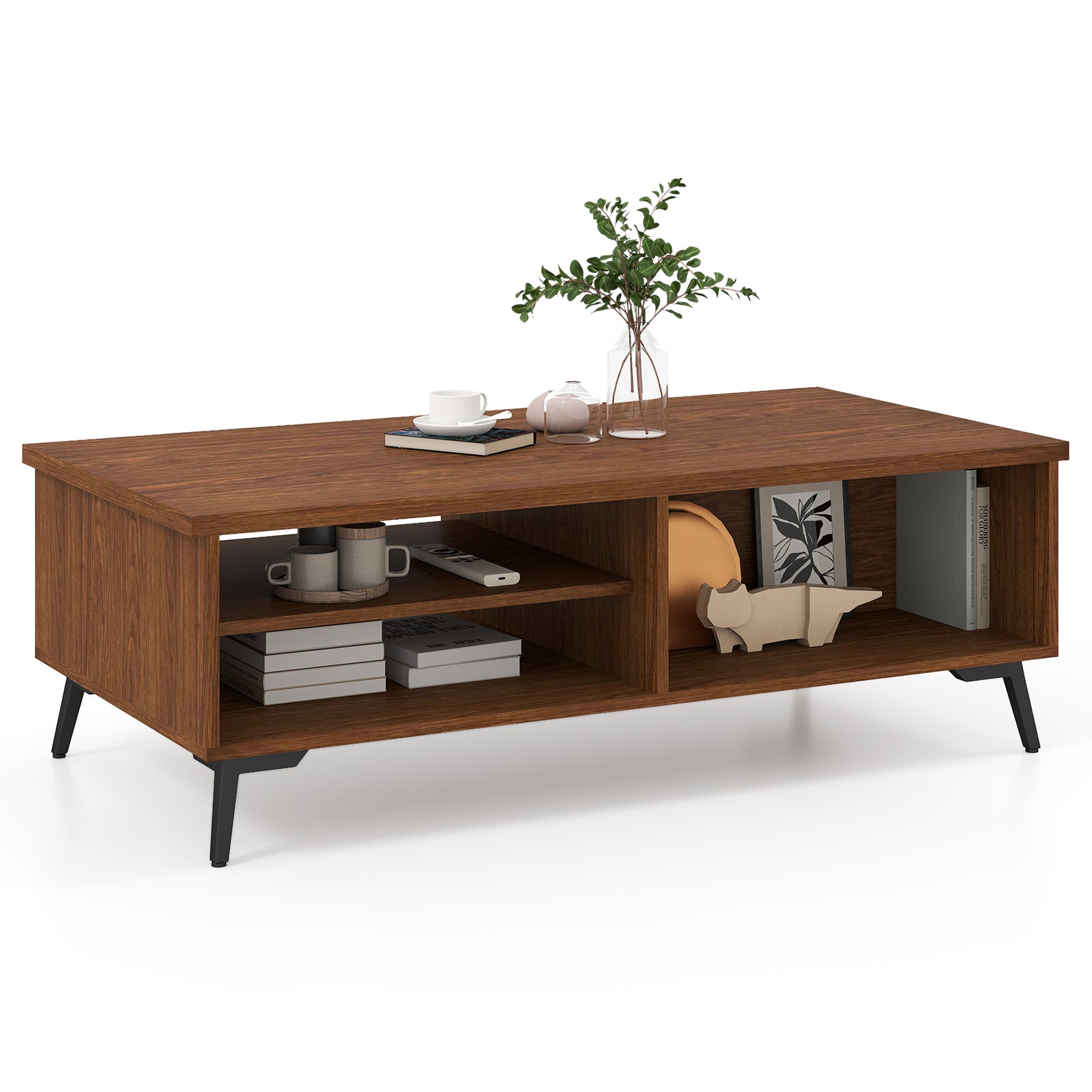 2-Tier Mid Century Modern Coffee Table with Storage Shelves Compartments, Walnut Coffee Tables at Gallery Canada