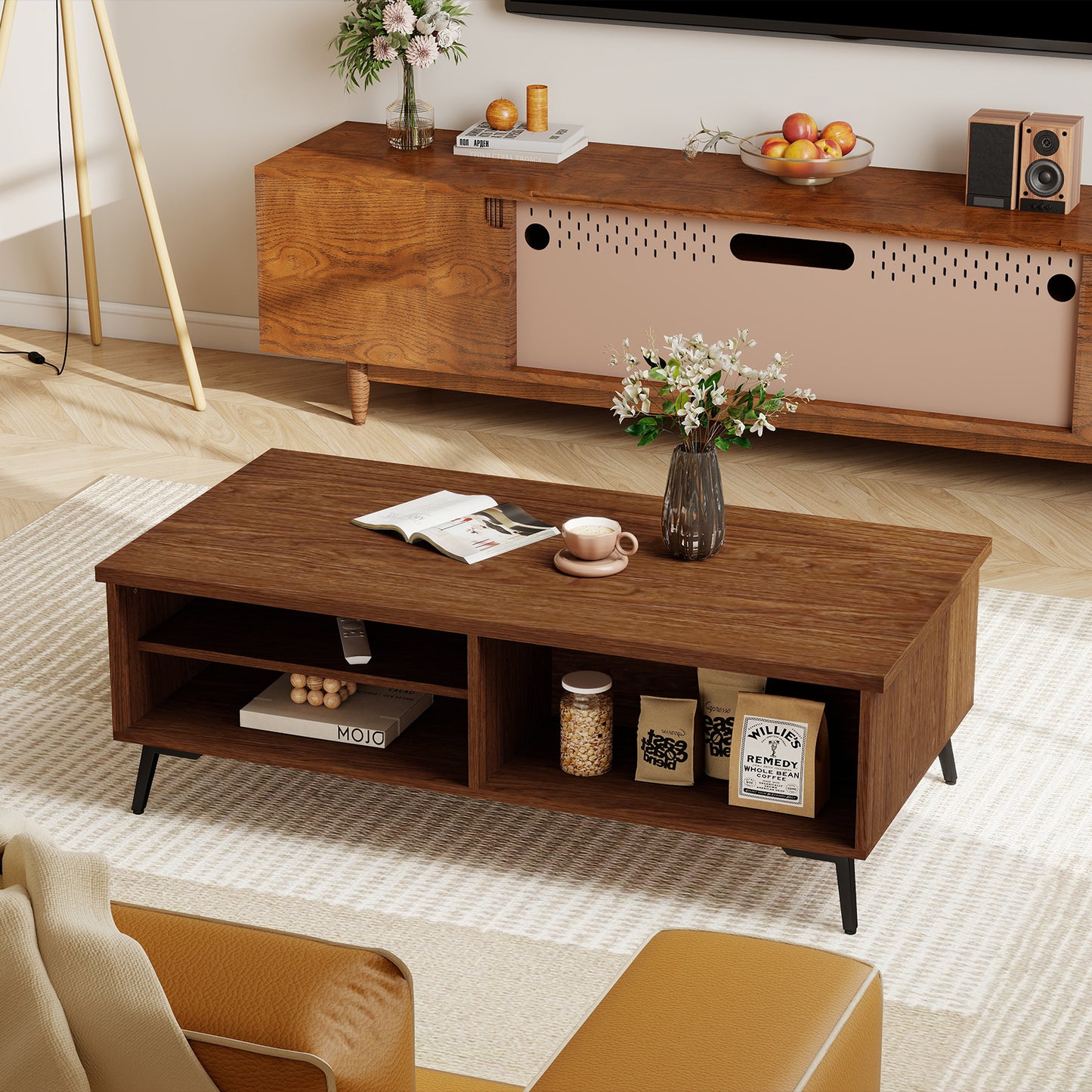 2-Tier Mid Century Modern Coffee Table with Storage Shelves Compartments, Walnut Coffee Tables at Gallery Canada