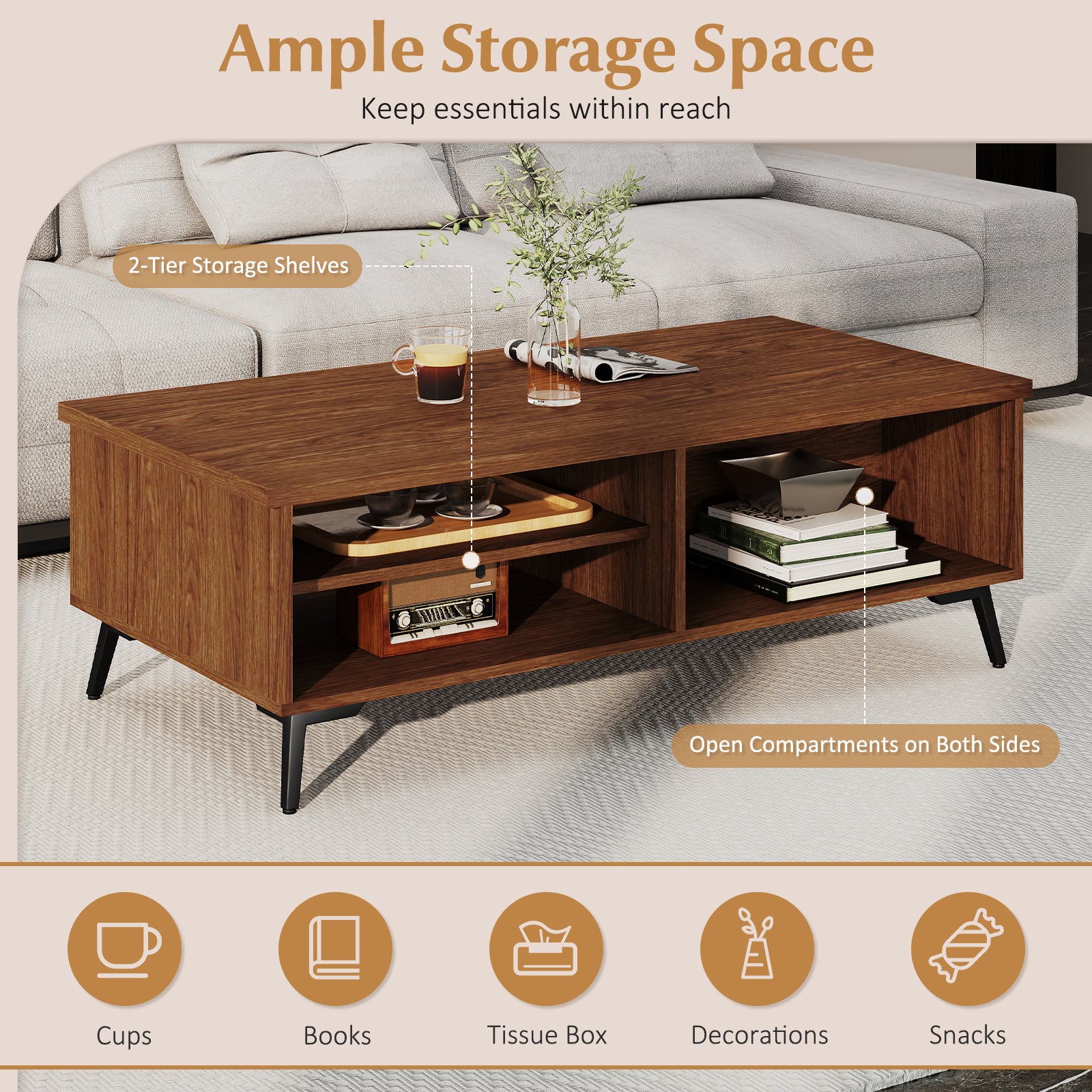 2-Tier Mid Century Modern Coffee Table with Storage Shelves Compartments, Walnut Coffee Tables at Gallery Canada