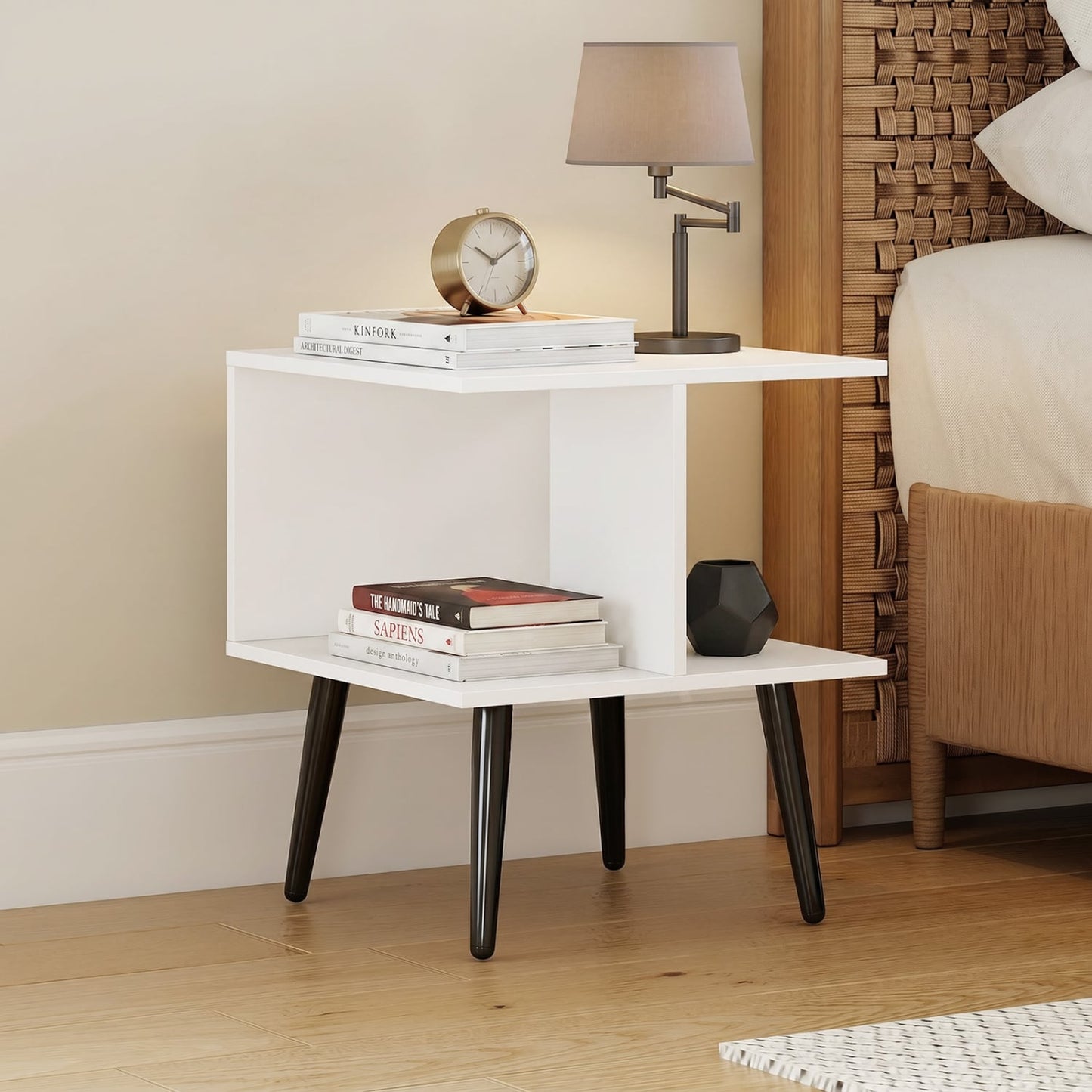 2-Tier Mid Century End Table, Metal Legs, White