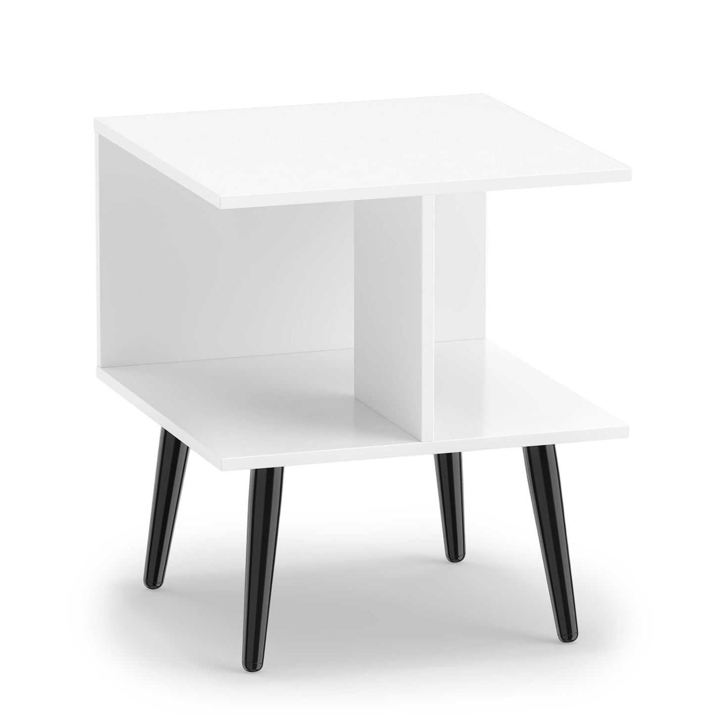 2-Tier Mid Century End Table, Metal Legs, White