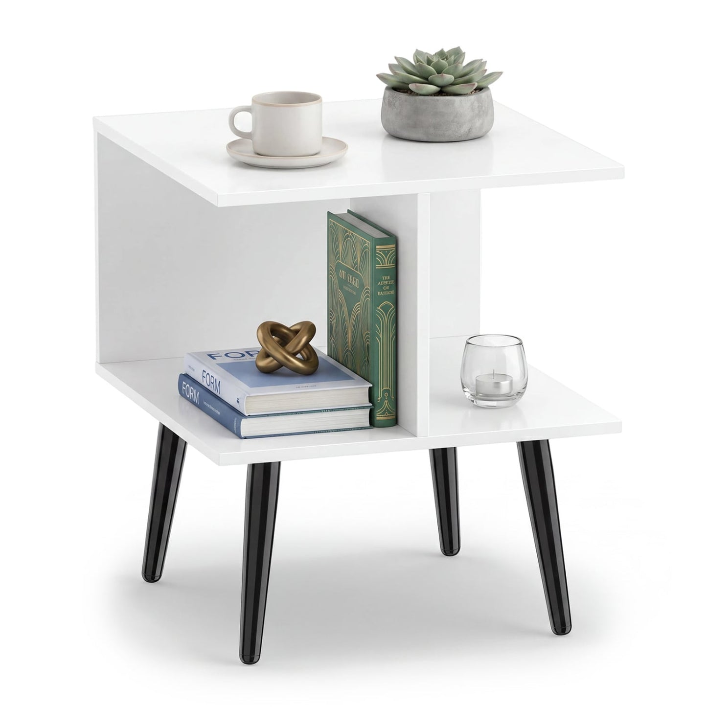 2-Tier Mid Century End Table, Metal Legs, White