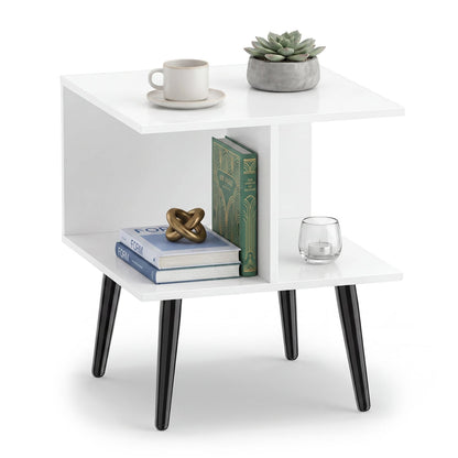 2-Tier Mid Century End Table, Metal Legs, White