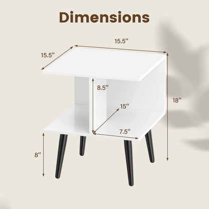 2-Tier Mid Century End Table, Metal Legs, White