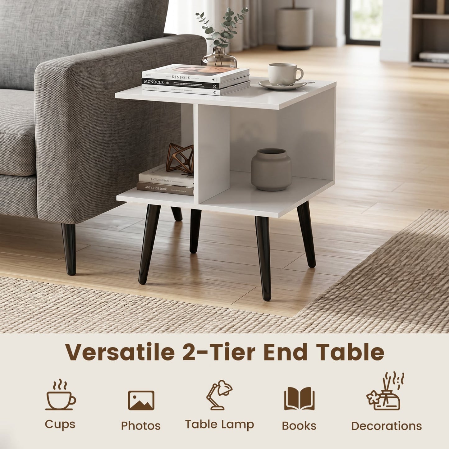 2-Tier Mid Century End Table, Metal Legs, White