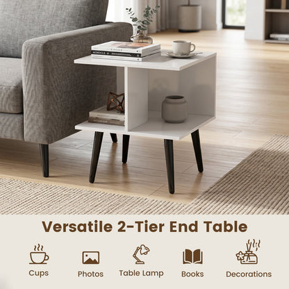 2-Tier Mid Century End Table, Metal Legs, White