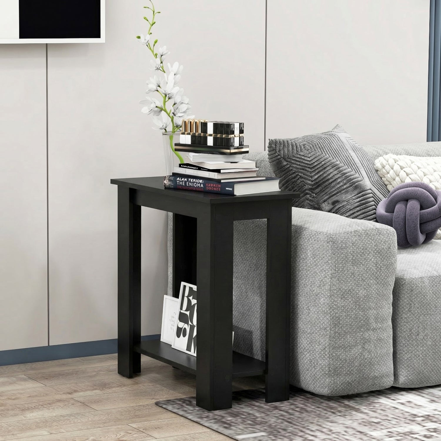 2-Tier Modern Compact End Table with Storage Shelf, Black Living Room at Gallery Canada