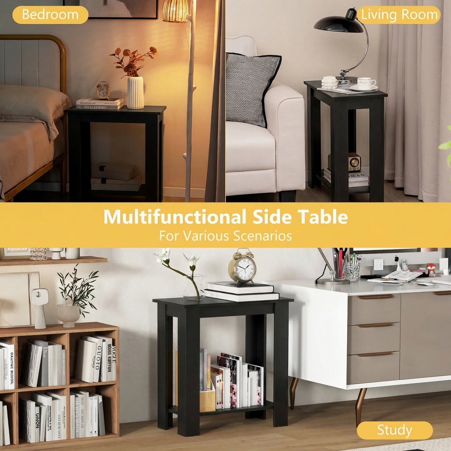 2-Tier Modern Compact End Table with Storage Shelf, Black Living Room at Gallery Canada