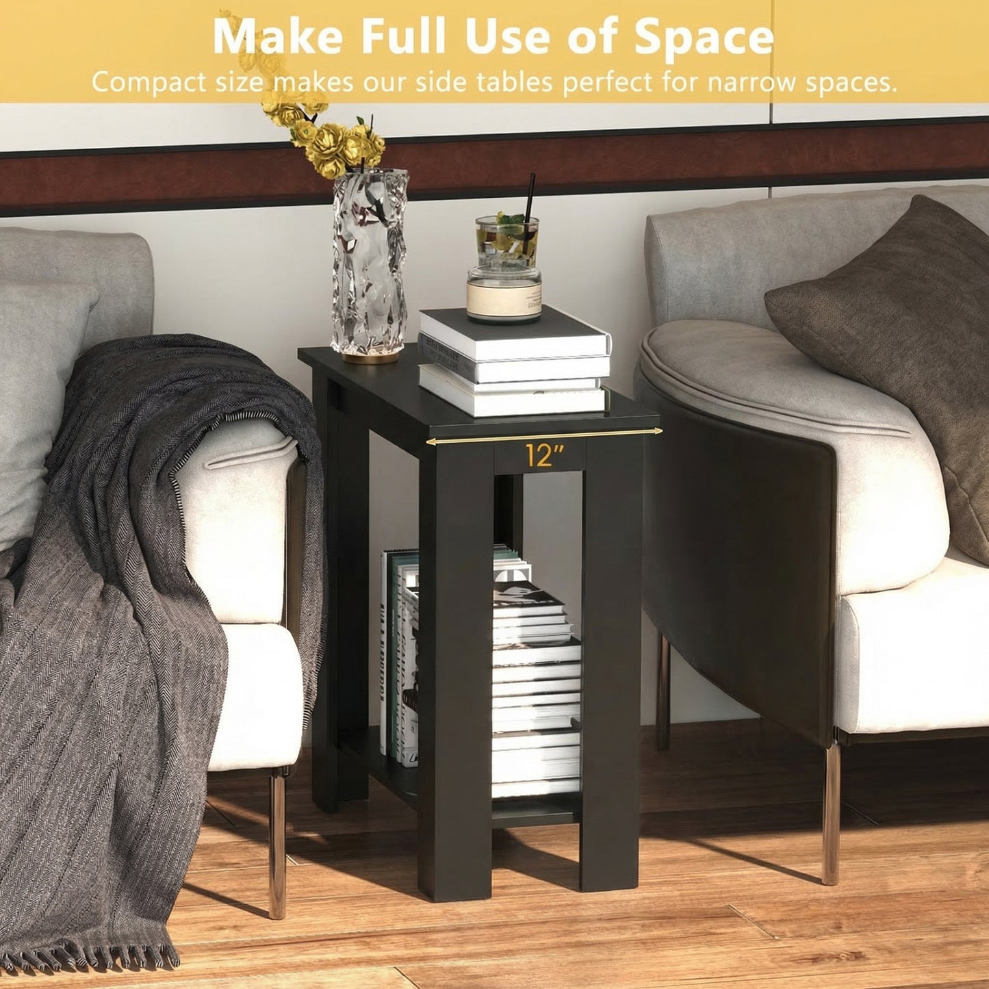 2-Tier Modern Compact End Table with Storage Shelf, Black Living Room at Gallery Canada