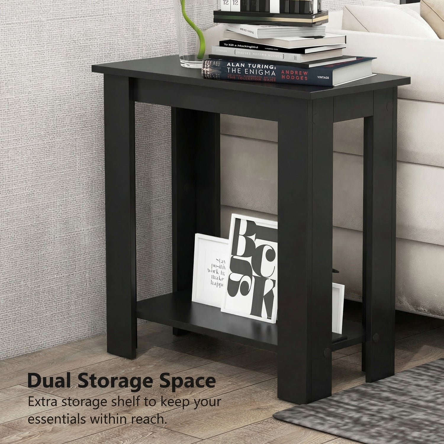 2-Tier Modern Compact End Table with Storage Shelf, Black Living Room at Gallery Canada