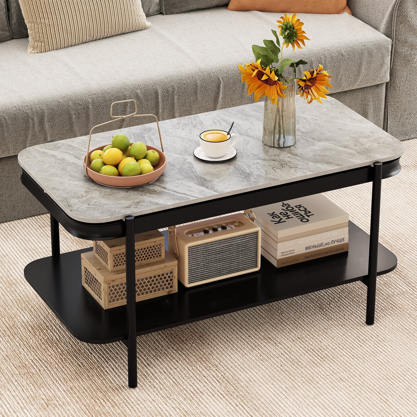 2-Tier Modern Rectangular Coffee Table with Sintered Stone Top, Gray