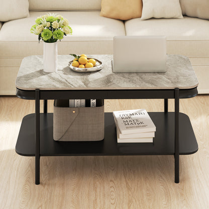 2-Tier Modern Rectangular Coffee Table with Sintered Stone Top, Gray