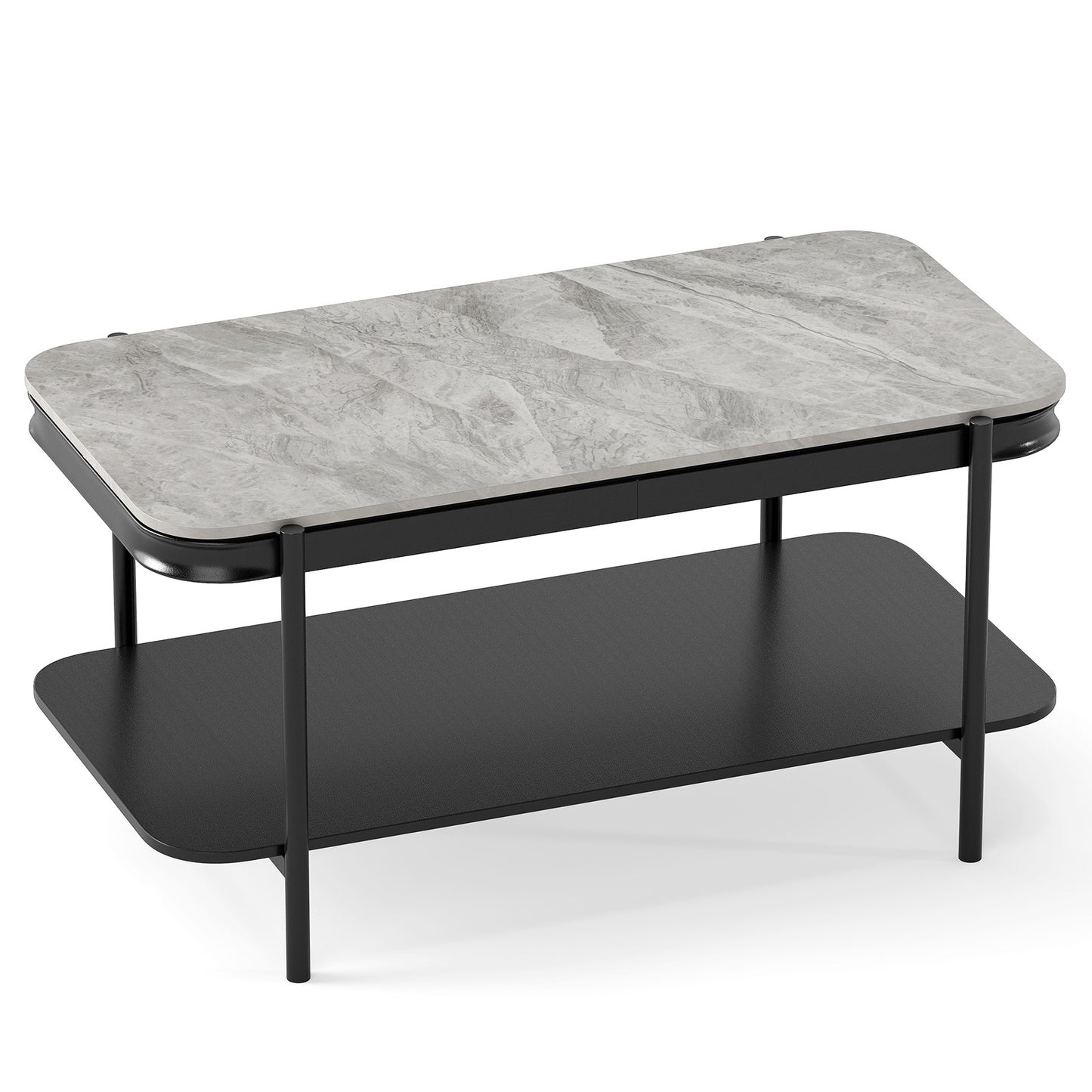 2-Tier Modern Rectangular Coffee Table with Sintered Stone Top, Gray
