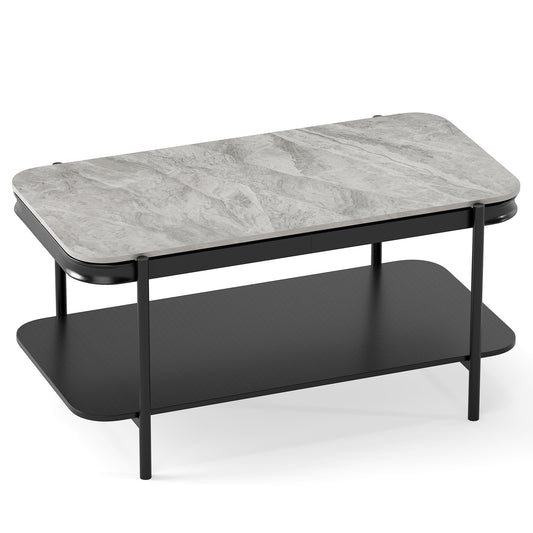 2-Tier Modern Rectangular Coffee Table with Sintered Stone Top, Gray