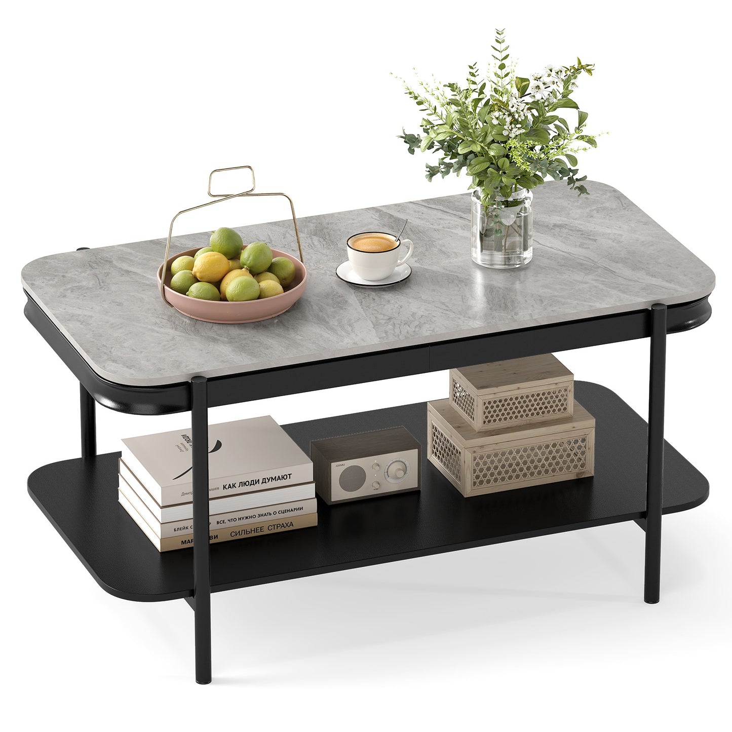 2-Tier Modern Rectangular Coffee Table with Sintered Stone Top, Gray