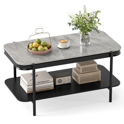 2-Tier Modern Rectangular Coffee Table with Sintered Stone Top, Gray