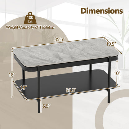 2-Tier Modern Rectangular Coffee Table with Sintered Stone Top, Gray