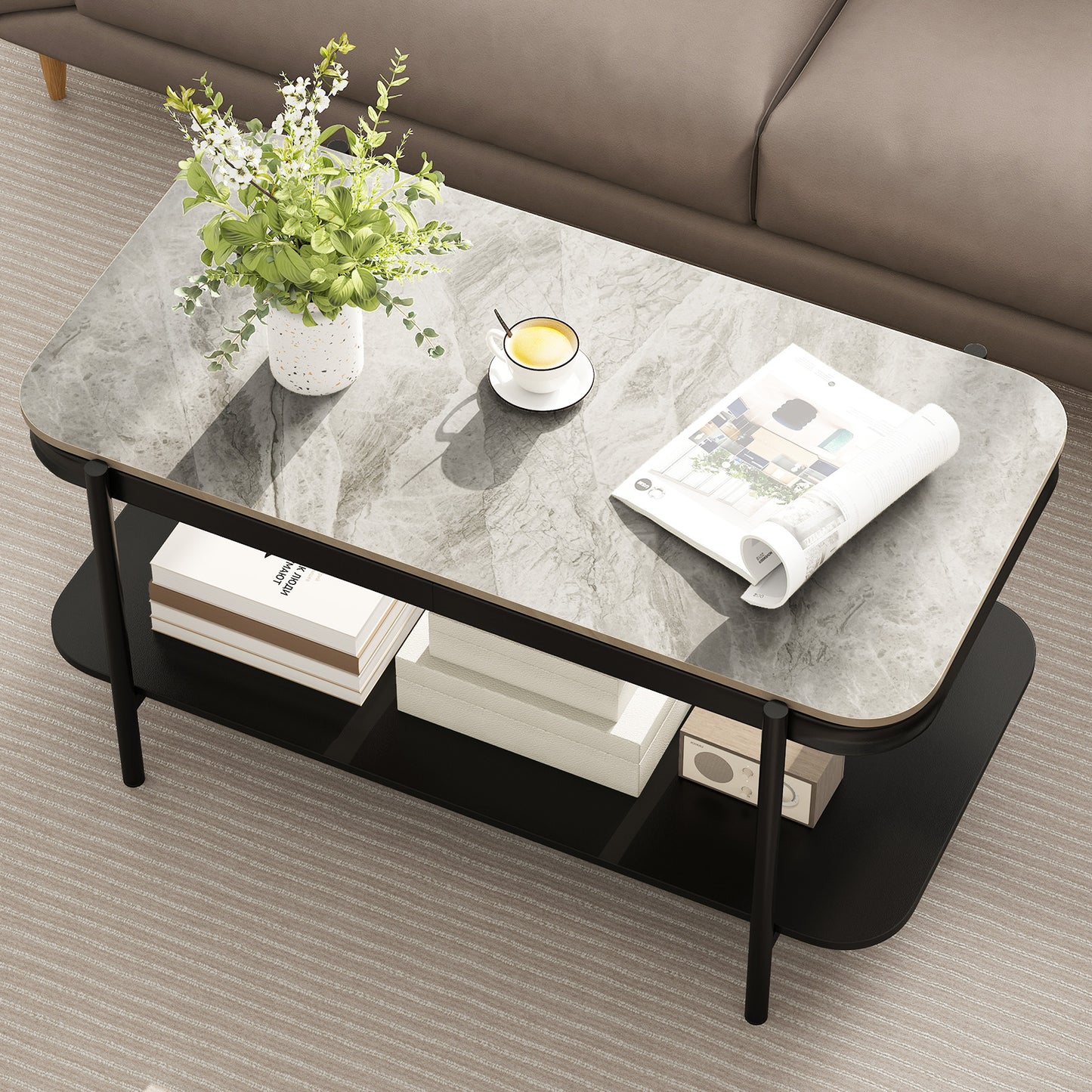 2-Tier Modern Rectangular Coffee Table with Sintered Stone Top, Gray