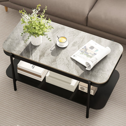2-Tier Modern Rectangular Coffee Table with Sintered Stone Top, Gray