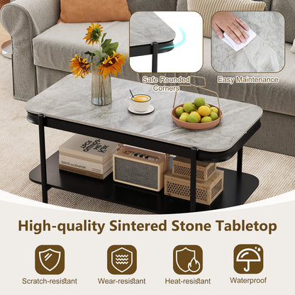 2-Tier Modern Rectangular Coffee Table with Sintered Stone Top, Gray