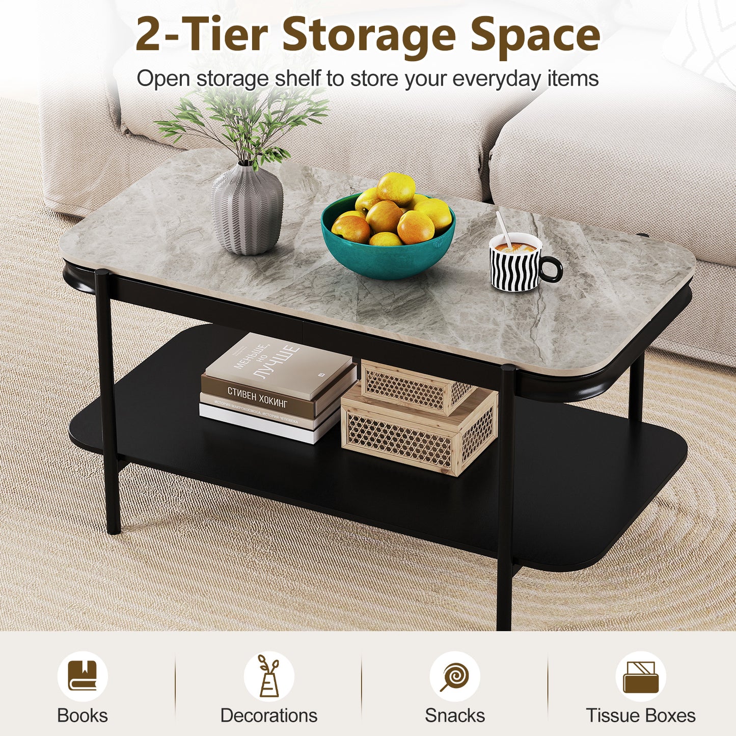 2-Tier Modern Rectangular Coffee Table with Sintered Stone Top, Gray