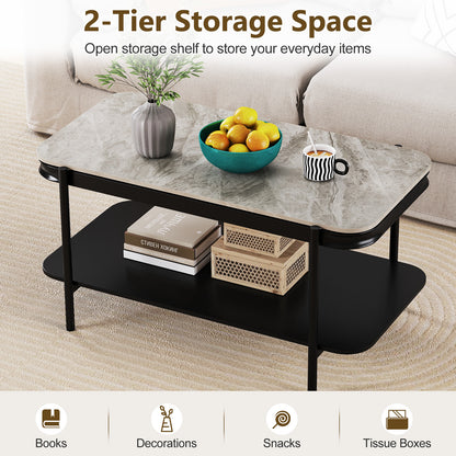 2-Tier Modern Rectangular Coffee Table with Sintered Stone Top, Gray