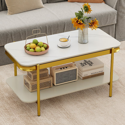 2-Tier Modern Rectangular Coffee Table with Sintered Stone Top, White