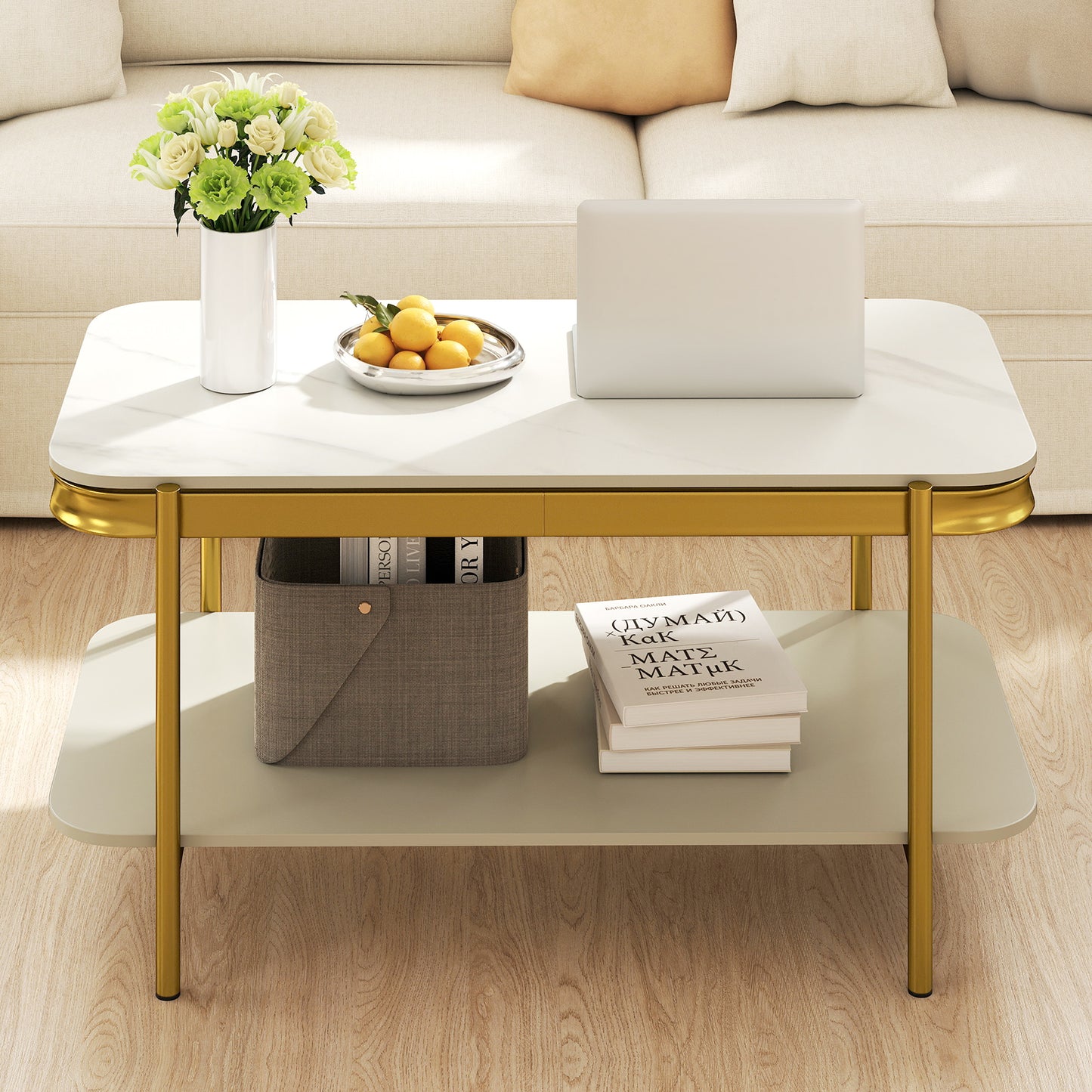 2-Tier Modern Rectangular Coffee Table with Sintered Stone Top, White