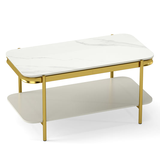 2-Tier Modern Rectangular Coffee Table with Sintered Stone Top, White