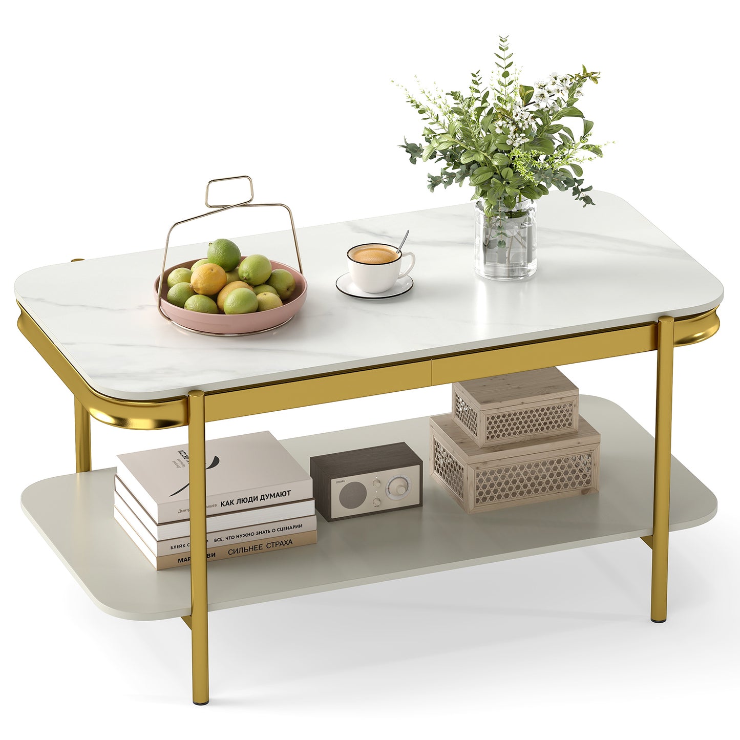 2-Tier Modern Rectangular Coffee Table with Sintered Stone Top, White